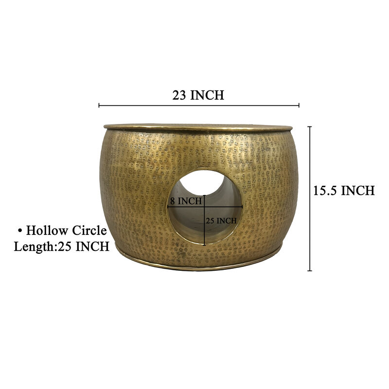 Nala 23 Inch Coffee Table, Low Round Drum Shape with Unique Hollow Center, Antique Brass Aluminum