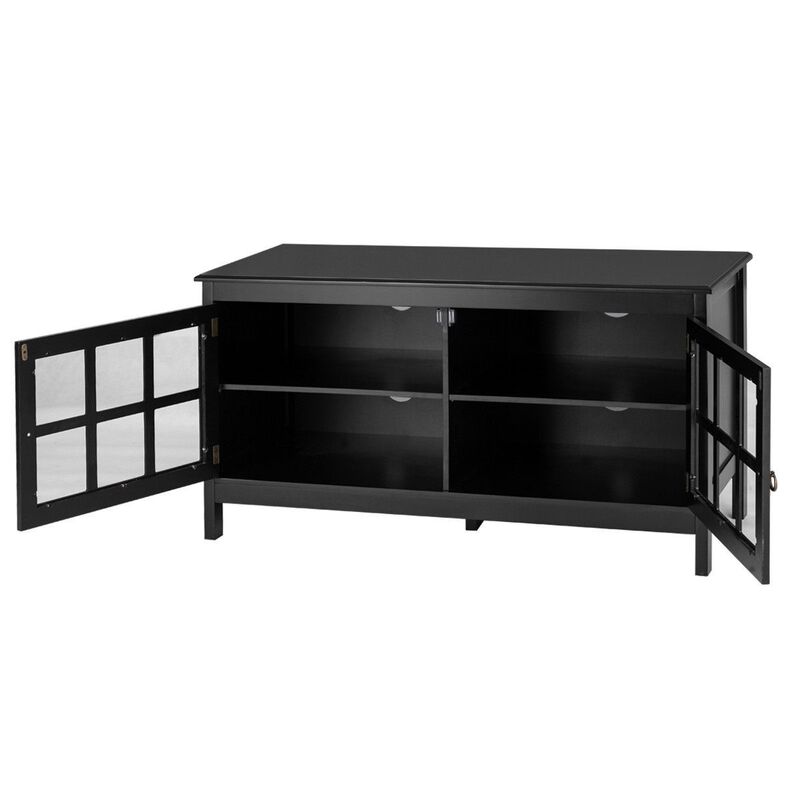 QuikFurn Black Wood Entertainment Center TV Stand with Glass Panel Doors