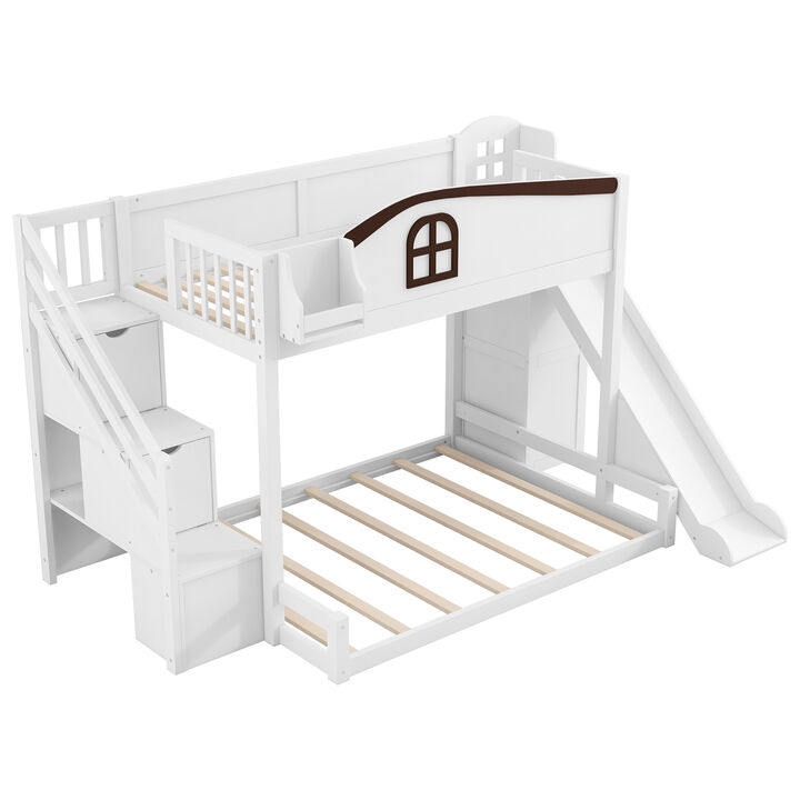 Merax Twin over Full Bunk Bed with Storage Staircase, Shelf, Slide & Wardrobe