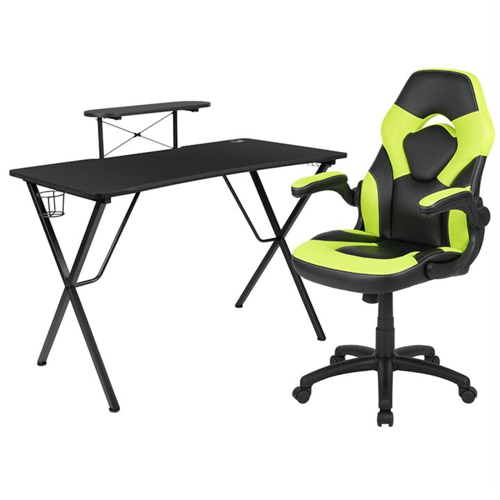 Flash Furniture Black Gaming Desk and Green/Black Racing Chair Set with Cup Holder, Headphone Hook, and Monitor/Smartphone Stand