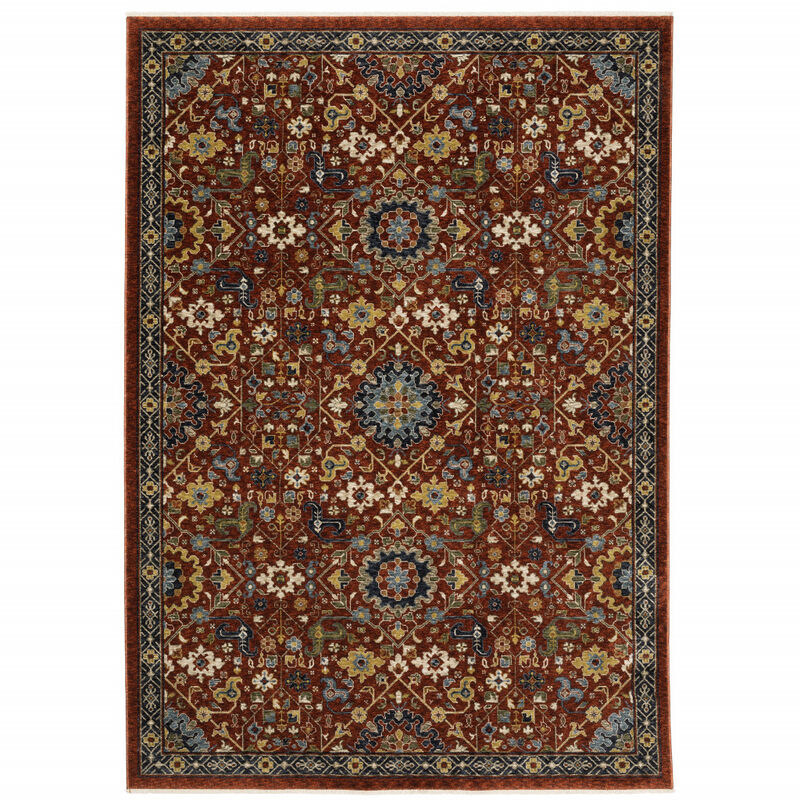 5 X 8 Red Blue gold And Ivory Oriental Power Loom Stain Resistant Area Rug With Fringe