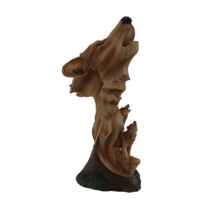 Carved Wood Look Howling Wolf Couple Figural Statue