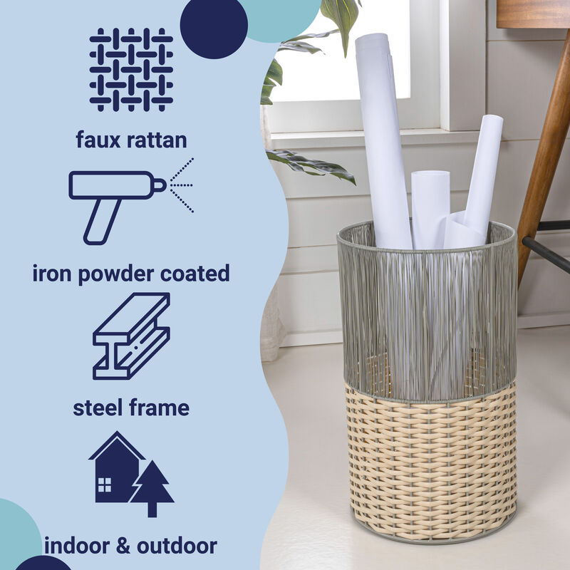 Harper Modern 4.13-Gallon 2-Tone Faux Wicker Cylinder Waste Basket, White/Blue