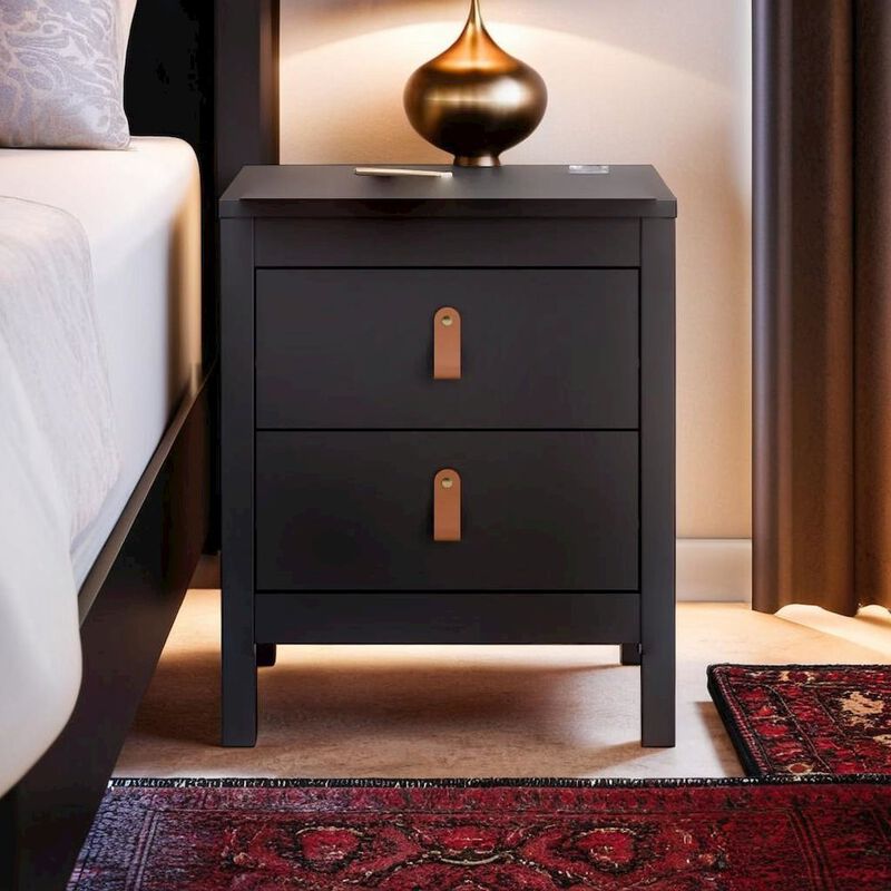 Furnifact Stylish Black Matte Nightstand With Two Drawers For Modern Bedrooms