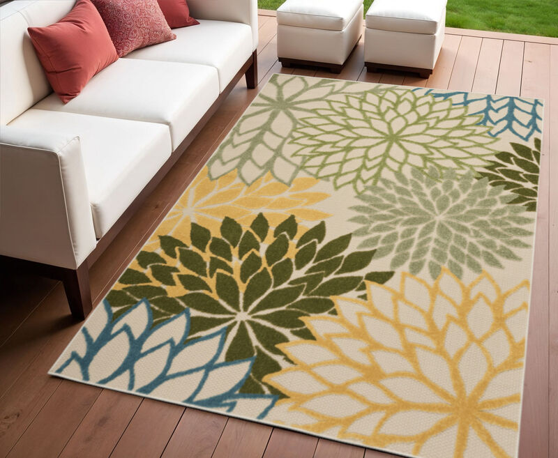 HomeRoots 4' X 6' Ivory Green Blue And Yellow Floral Indoor Outdoor Area Rug image number 1