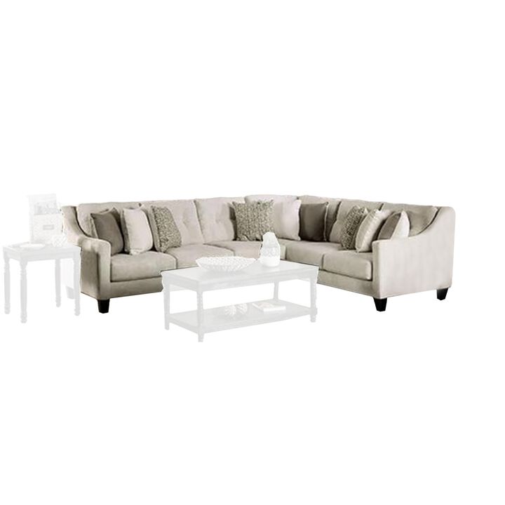 Hyna Sectional Sofa, Ivory Chenille, 9 Accent Throw Pillows, 137 Inch - Benzara