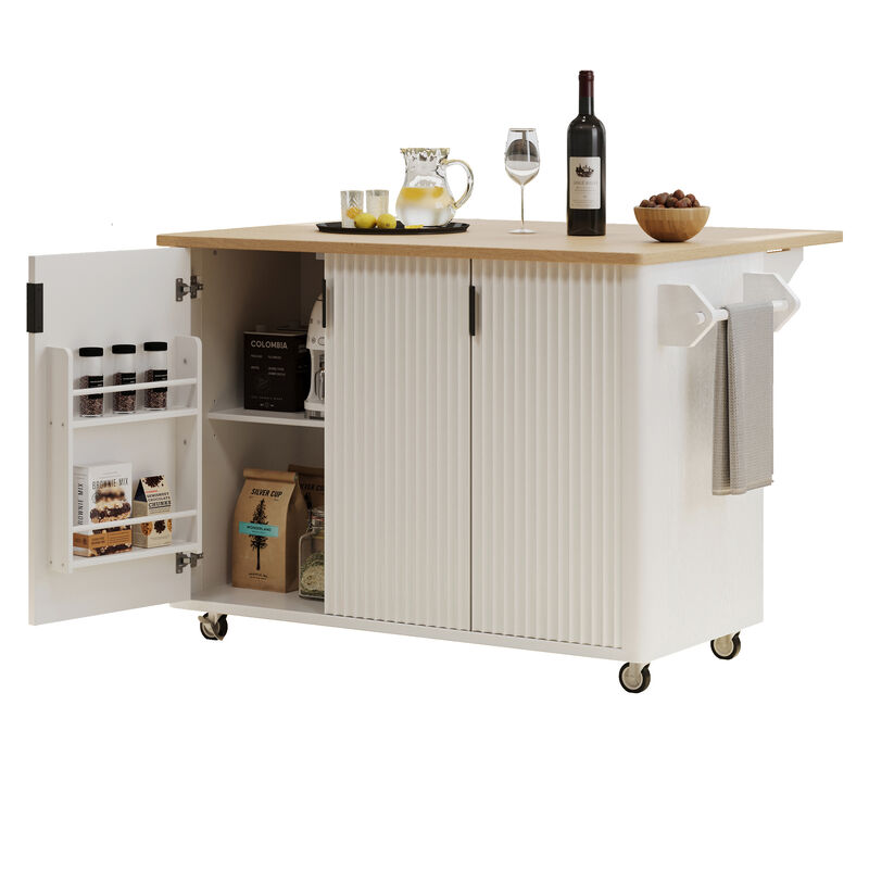 Whisen 51" Farmhouse Kitchen Island on Wheels with 3 Doors, MDF/Pine Wood for Kitchen image number 5