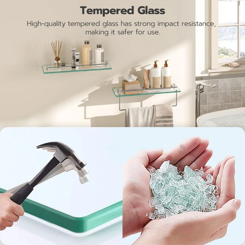 Wall-Mounted Glass Shelves Set of 2 with Durable Stainless Steel Frame-Silver image number 7