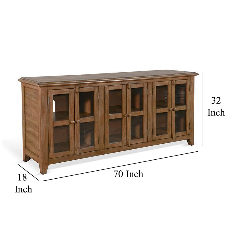 Yael TV Media Console, 6 Shelf, Glass Doors, 70 Inch Light Brown Wood - Benzara