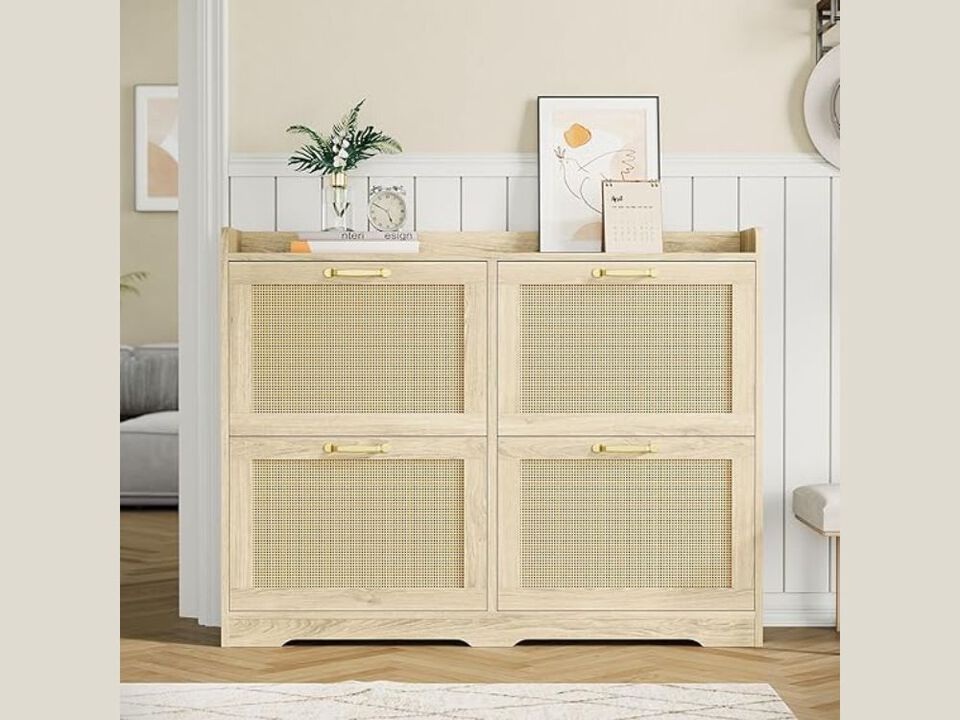 Entryway Wood Shoe Storage Cabinet Flip Drawer 4 Drawers Wide