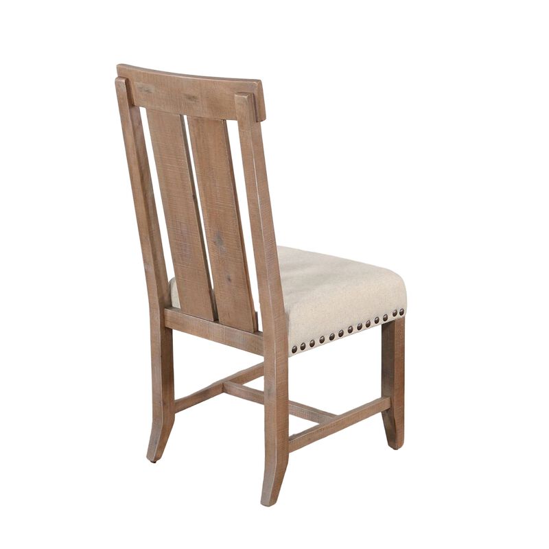 Anva Dining Chair Set of 2, Slat Back, White Fabric, Dark Brown Wood - Benzara