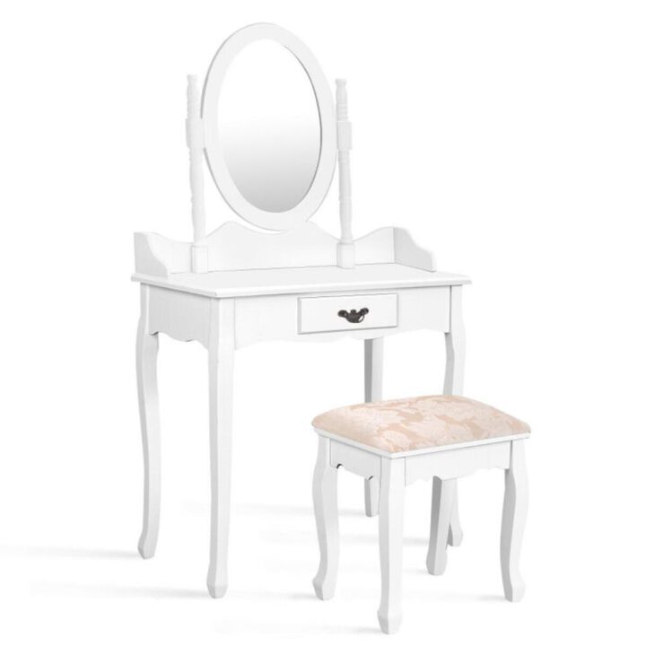 Hivvago Wooden Vanity Table Set with Oval Mirror and Cushioned Stool