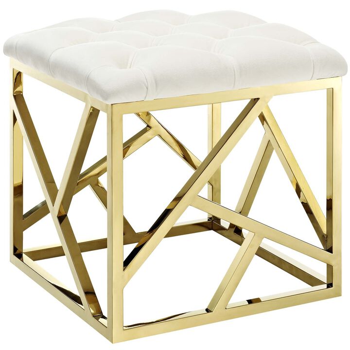 Modway Intersperse Tufted Modern Ottoman With Gold Stainless Steel Geometric Frame In Gold Ivory