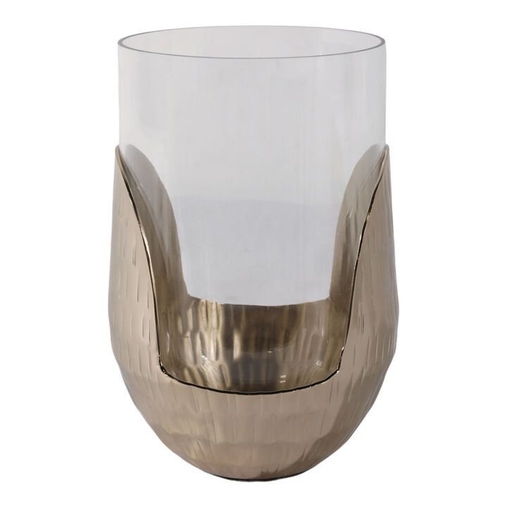 8x5" Metal Base Hurricane Pillar Holder, Gold/ Cle