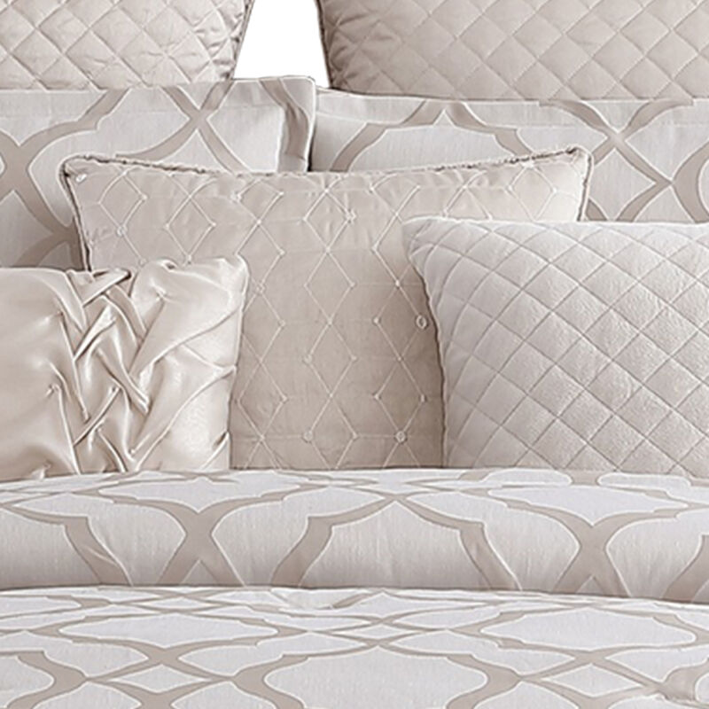9pc Queen Size Comforter Set with Quatrefoil Prints, White Polyester - Benzara