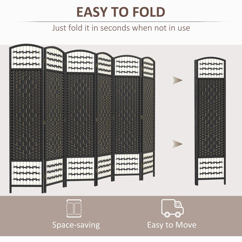 6 Panel Folding Room Divider Portable Privacy Screen Wave Fiber Room Partition for Home Office Black
