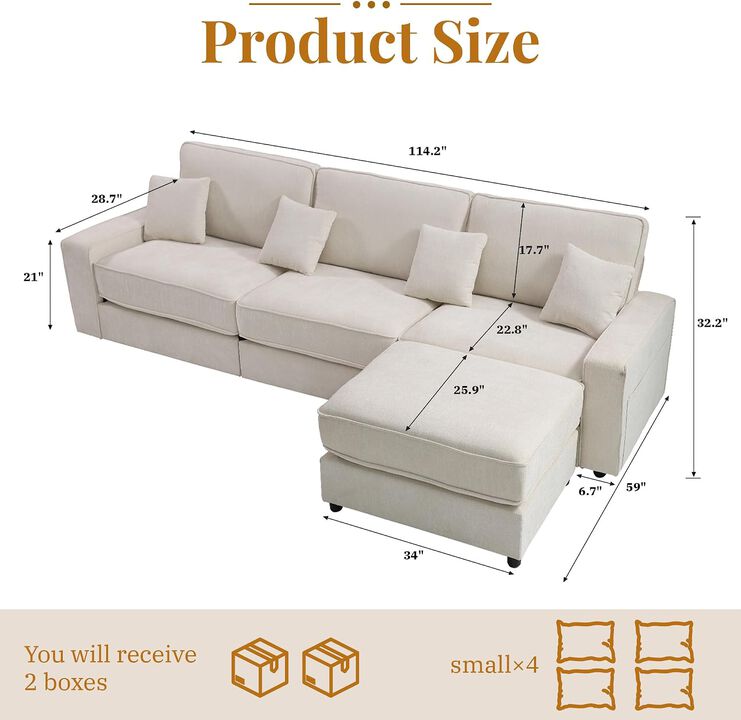 Vipbear 114.2" Modular L-Shaped Sectional Sofa, Oversized Cloud Couch with Ottoman for Living Room