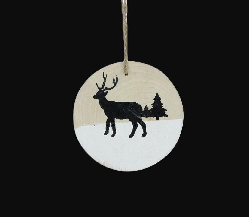 3.9" Winter Deer with Pine Trees on Wood Disc Christmas Ornament