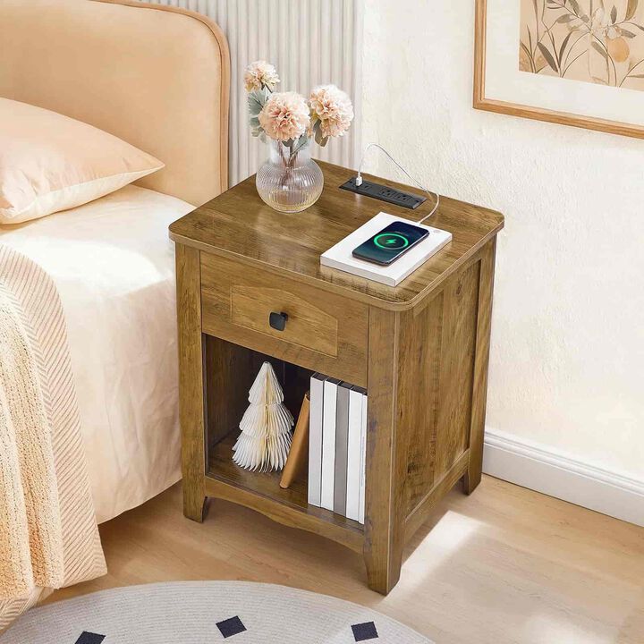 Modern Bedside Nightstand with Built-In Charging Station and Storage -Brown