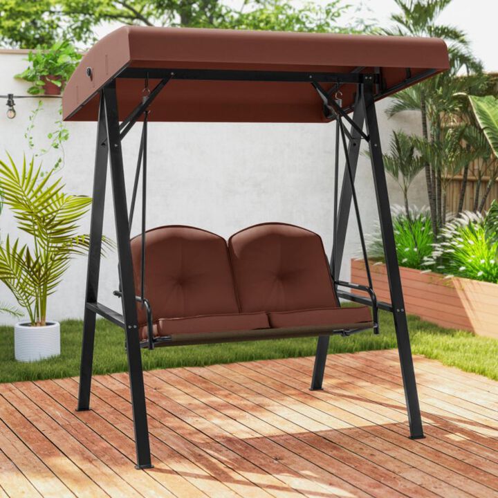 Hivvago 2-Person Outdoor Porch Swing with A-Shaped Metal Stand and Adjustable Canopy