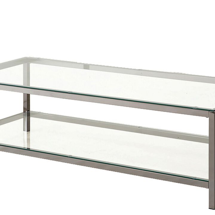Glass Top Coffee Table with Metal Frame and Open Shelf, Silver