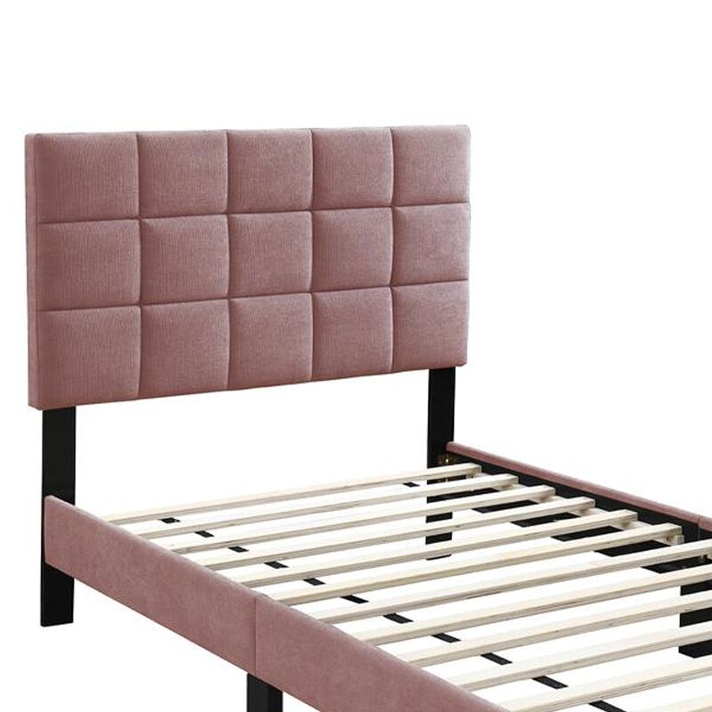 Lilian Full Bed, Tufted Pink Linen Upholstery, Biscuit Tufted Stitch