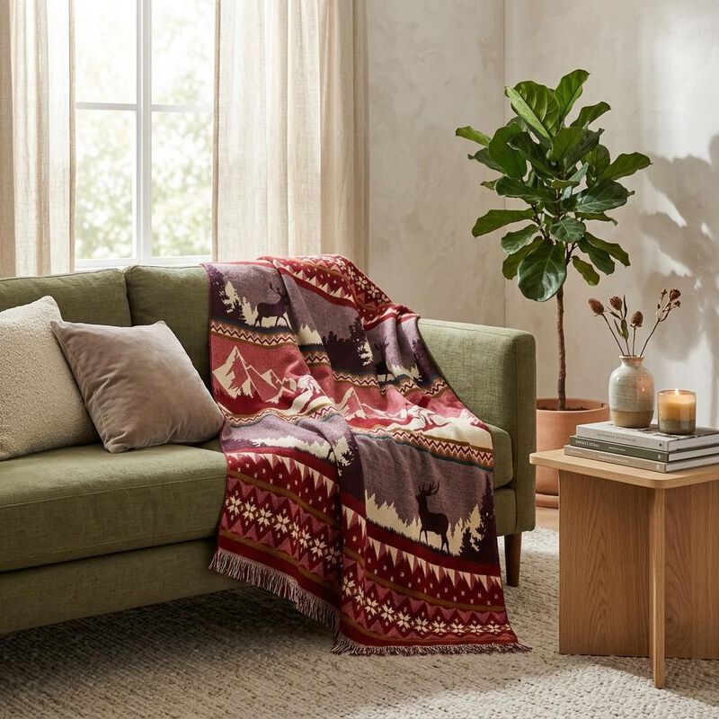 HomeRoots Ultra Soft Red Ski Mountain Handmade Queen Size Woven Blanket image number 1