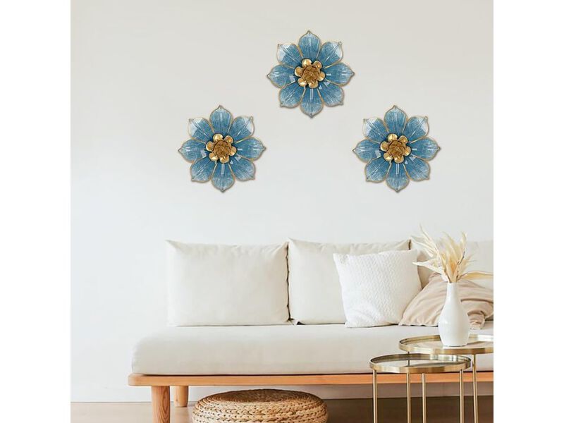Metal Flower Wall Decor Set of 3 Blue Gold Art for Living Room Bedroom Home image number 1