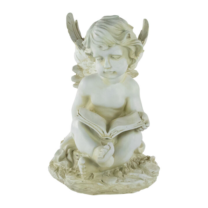 11.5" Ivory Sitting Cherub Angel with Book Outdoor Patio Garden Statue