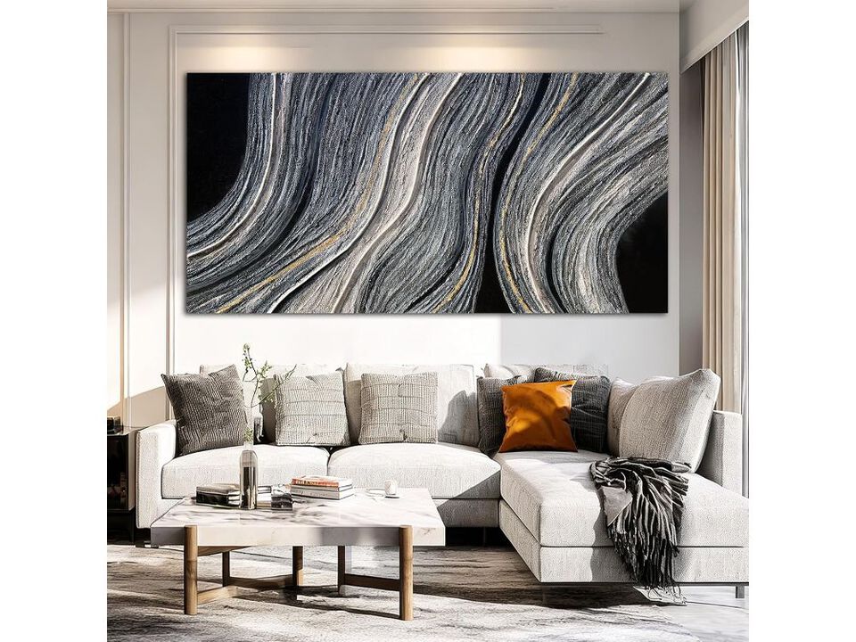 Contemporary Abstract Canvas Wall Art Black White Gold Linear Painting 29"x58"