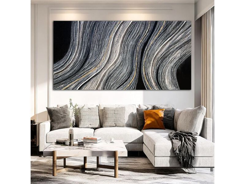 Contemporary Abstract Canvas Wall Art Black White Gold Linear Painting 29"x58" image number 1