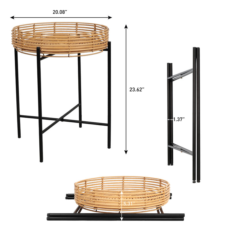 Malia Coastal Bohemian Faux Rattan Round Tray End Table with Metal Base image number 3