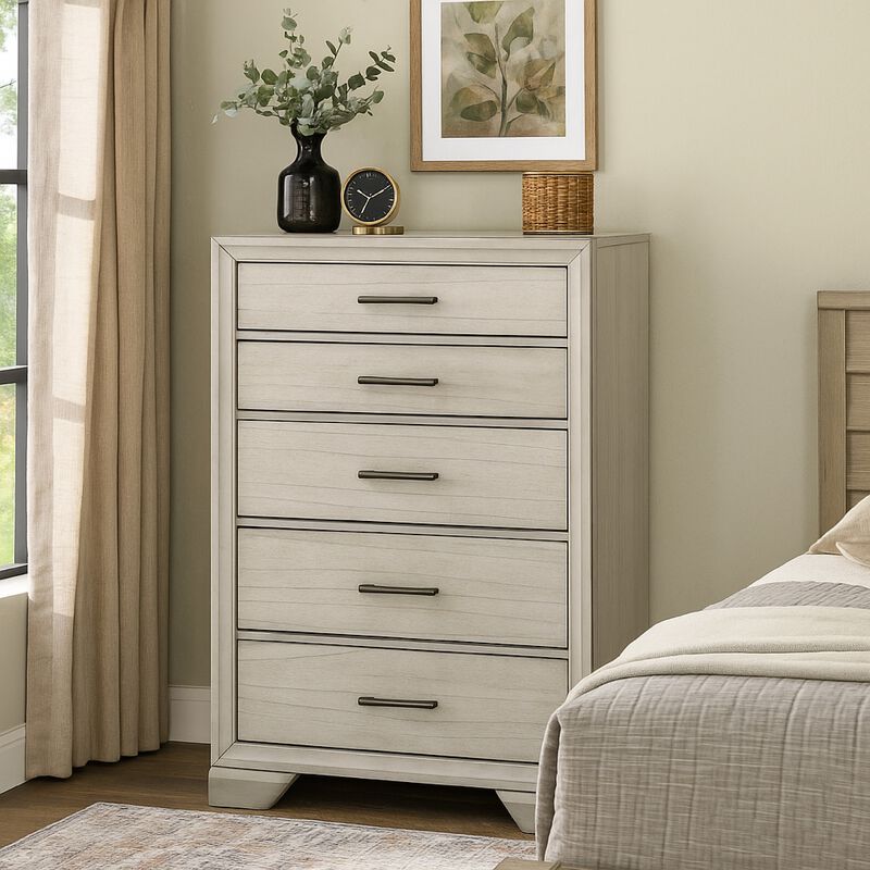 Jeni Tall Dresser Chest, 5 Drawers, Chrome Handles, Rustic White Mist