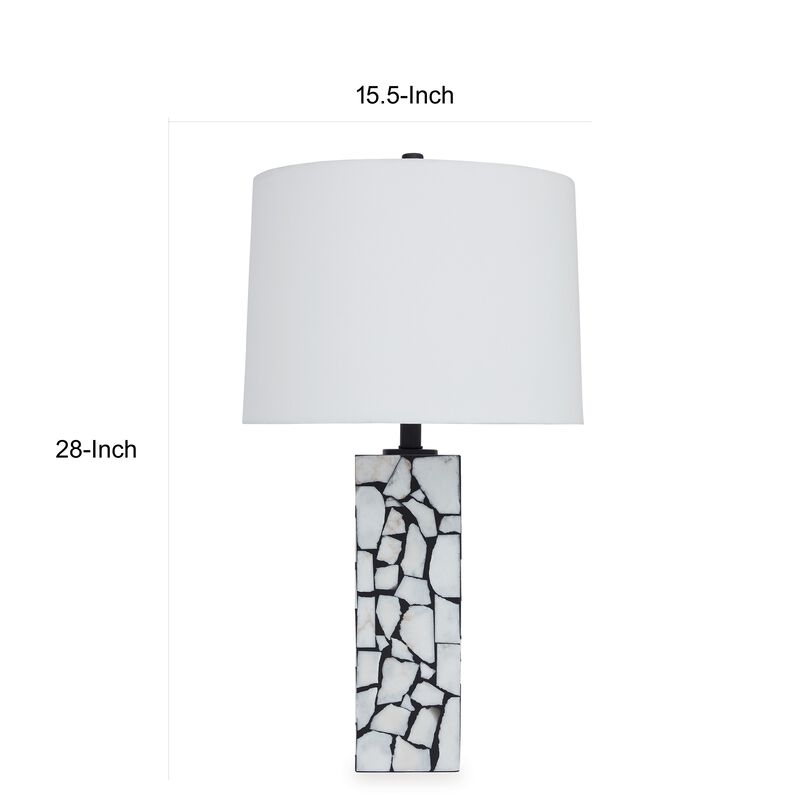 28 Inch Table Lamp, Drum Shade, Black and White Mosaic Marble Art Resin - Benzara