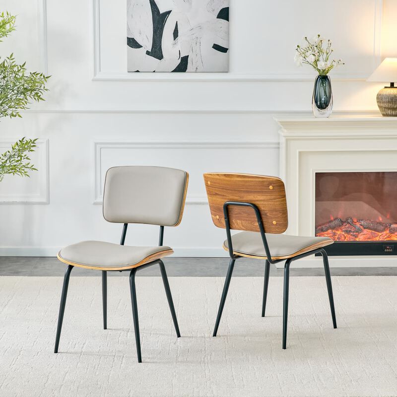 Set of 2 Dining Chairs Faux Leather Open Back Walnut Veneer Back Dining Chairs Metal Legs Leveling Feet image number 4