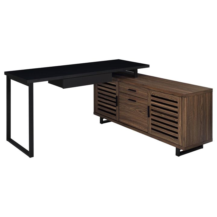 Doxx L Shape Computer Desk, 2 Doors Drawers Black Metal, Walnut Wood - Benzara
