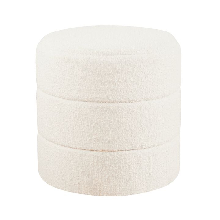 Sem Round Accent Ottoman, Cream White Chanel Stitched Boucle 18 Inch - Benzara