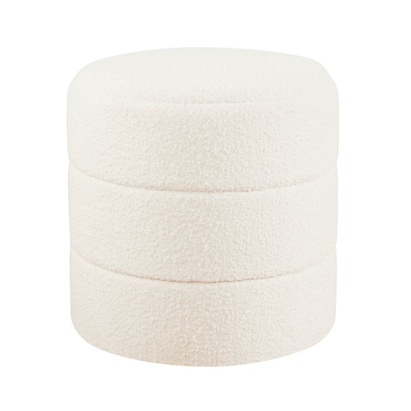 Sem Round Accent Ottoman, Cream White Chanel Stitched Boucle 18 Inch - Benzara