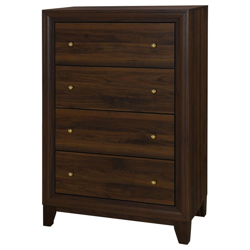 Yels Tall Dresser Chest with 4 Drawers, Gold Metal Knobs, Walnut Brown - Benzara