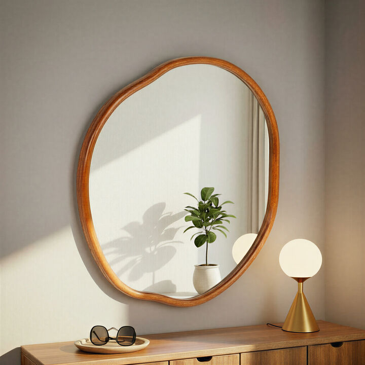 Organic Wall Mirror with Wood Frame, Walnut Finish