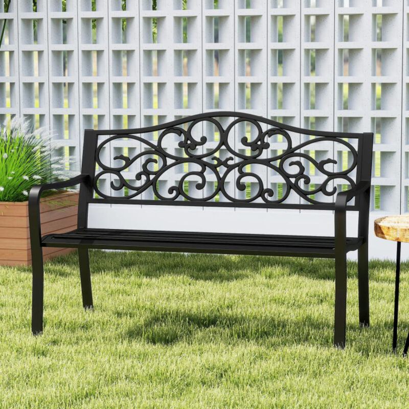 Hivvago 50 Inches Outdoor Cast Iron Metal Patio Bench with Floral Design Backrest and Slatted Seat