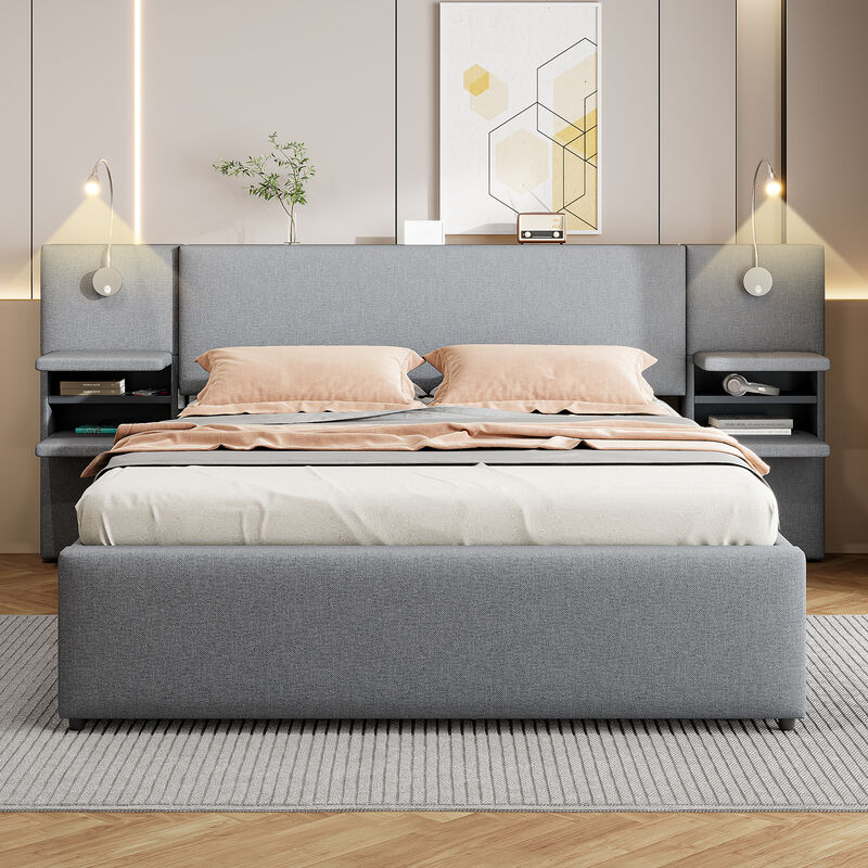 Merax Upholstered Platform Bed with Reading Lights