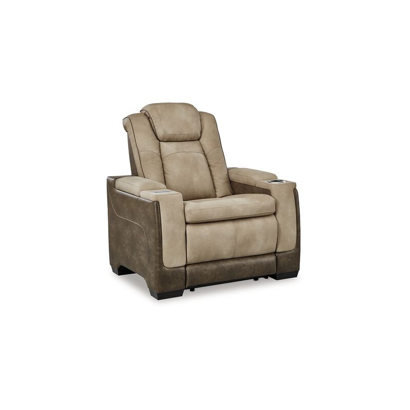Corbin Power Recliner Chair, 39in Brown Faux Leather, Wireless Charger - Benzara