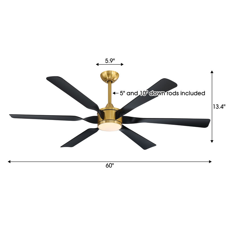60" Brushed Gold Modern Reversible DC Dimmable Aero 6 Blade Large Ceiling Fan with LED Light and Remote image number 5