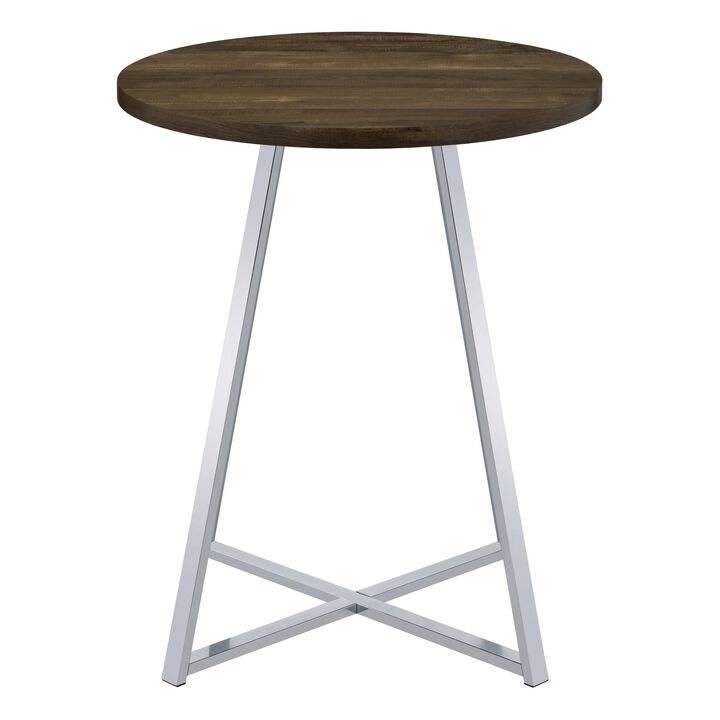 43 Inch Tall Modern Bar Table, Brown Round Top, Polished Chrome Flared Legs-Benzara