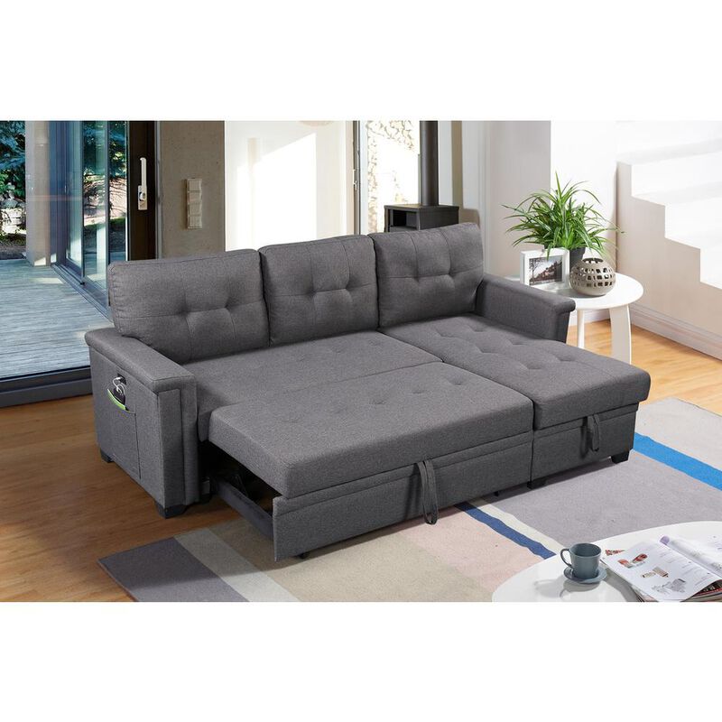 Lilola Home Ashlyn Dark Gray Reversible Sleeper Sectional Sofa with Storage Chaise, USB Charging Ports and Pocket