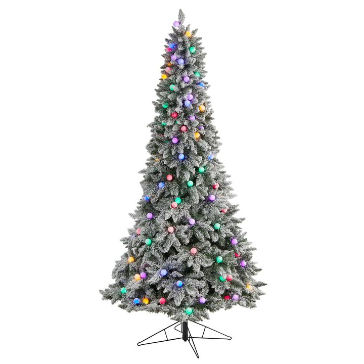 Nearly Natural 8.5-ft Flocked British Columbia Mountain Fir Artificial Christmas Tree with 120 Multi Color Globe Bulbs and 1513 Bendable Branches