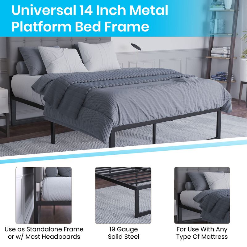 Flash Furniture Bentley 14" Metal Platform Bed Frame - Black Frame/Steel Slat Supports - 12.5" Underbed Storage - No Box Spring Needed - Quick Lock Functionality-Full