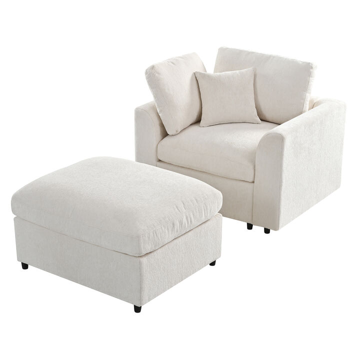 Merax Chenille Armchair with Movable Ottoman, High-Density Foam & Pocket Springs