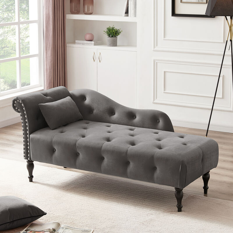 Merax Velvet Chaise Lounge Buttons Tufted Nailhead Trimmed Solid Wood Legs image number 2